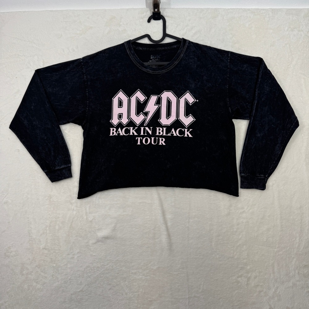 AC/DC Graphic T-Shirt Womens M Black Back In Black Tour Cropped Mineral Wash Tee
